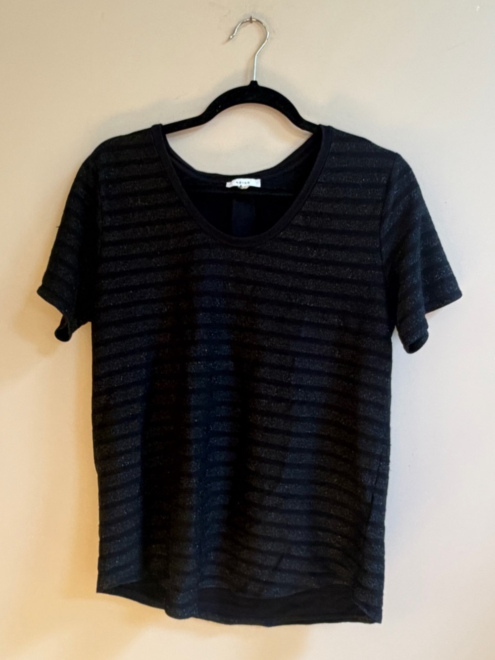 Reiss Scoop Neck Textured Shimmer Stripe Black Short Sleeve T-Shirt Tee Top